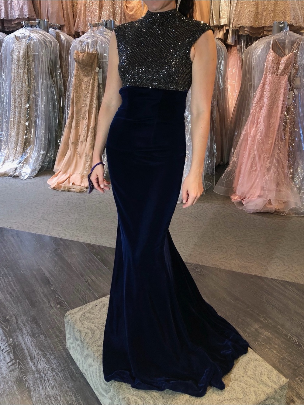Sherri Hill Couture Navy Velvet & Slate Grey Beaded High-Neck Gown